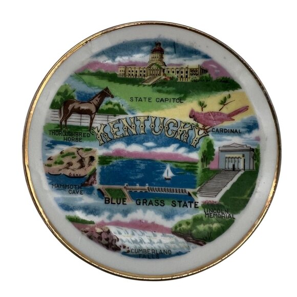 Unbranded Other - Vintage Kentucky Souvenir Plate Blue Grass State 4" Gold Rim Wall Hanging Decor